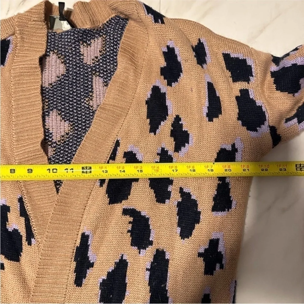 G by Giuliana Duster Cardigan Leopard Print Brown Black Knit Sweater Lilac Large